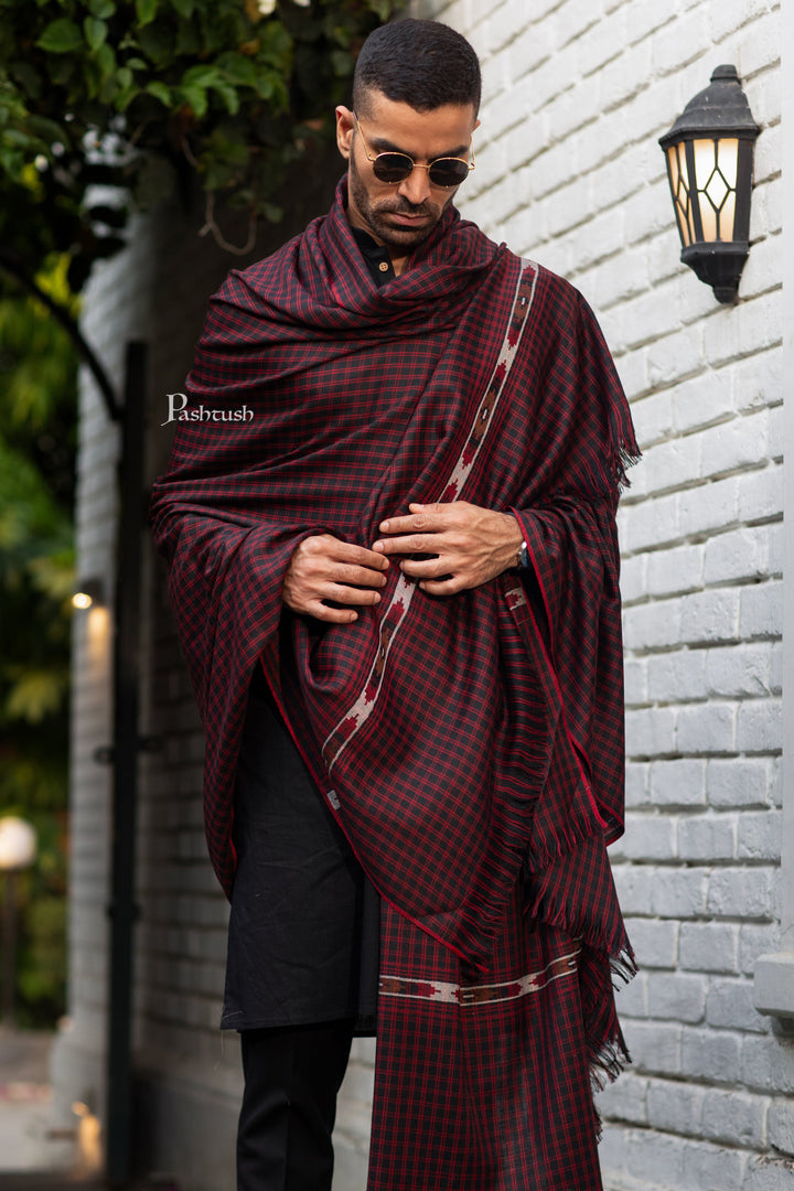 Pashtush India Mens Shawls Gents Shawl Pashtush Mens Fine Wool Shawl, Aztec With Checkered Design, Black