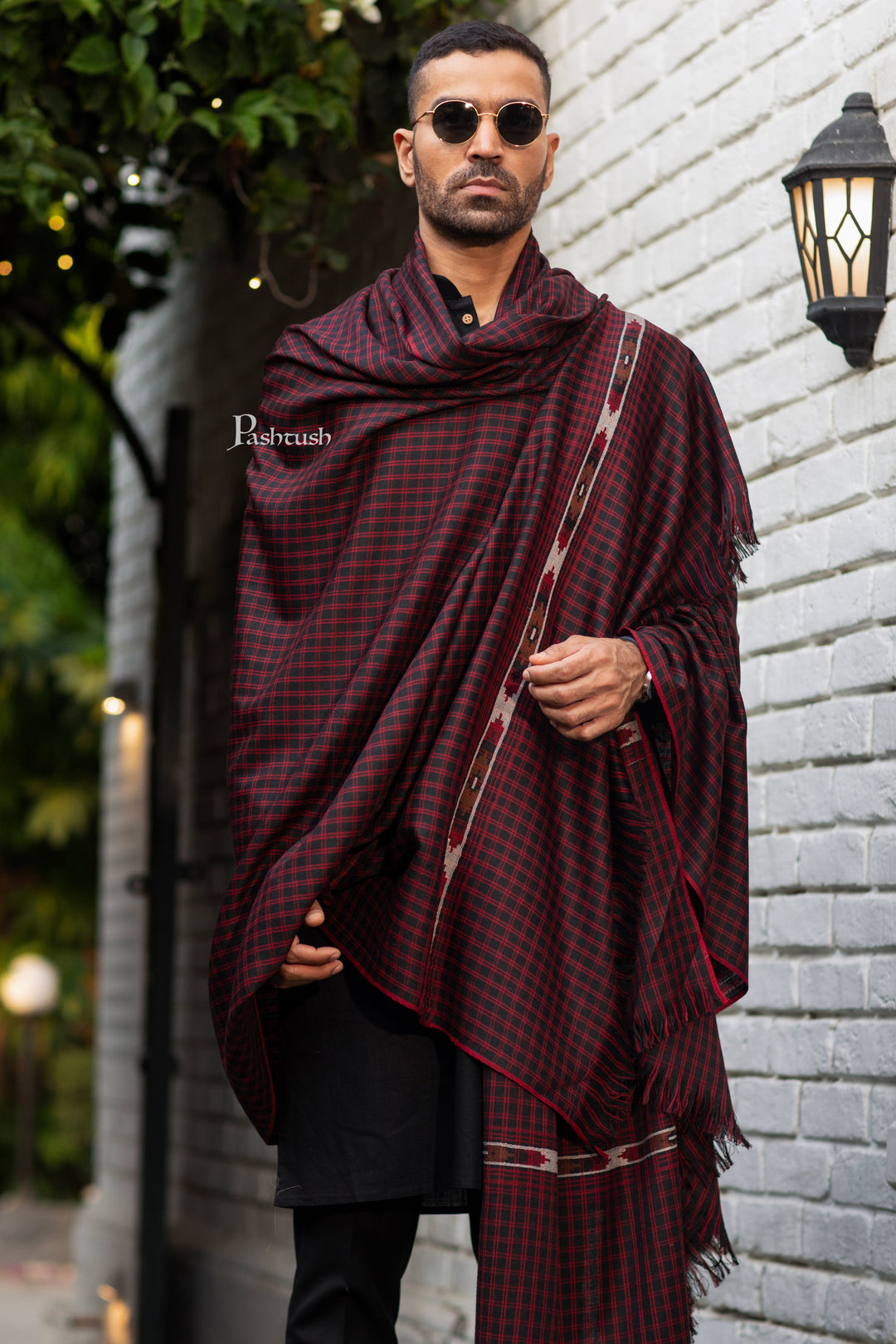 Pashtush India Mens Shawls Gents Shawl Pashtush Mens Fine Wool Shawl, Aztec With Checkered Design, Black