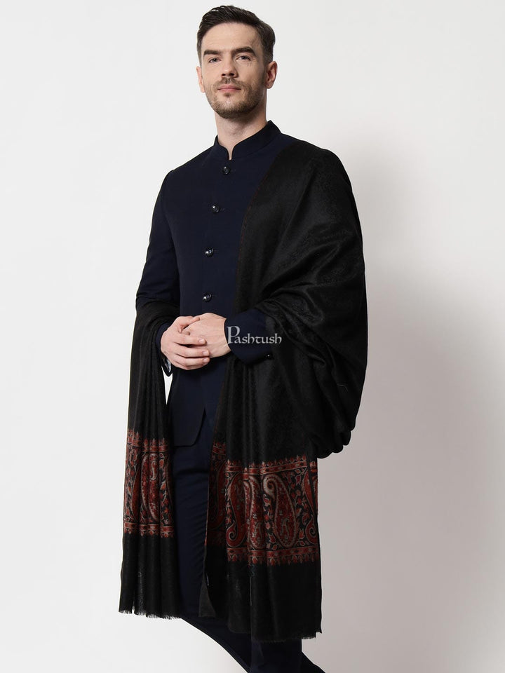 Pashtush India Mens Shawls Gents Shawl Pashtush mens Fine Wool shawl, Ethnic Palla design, Black