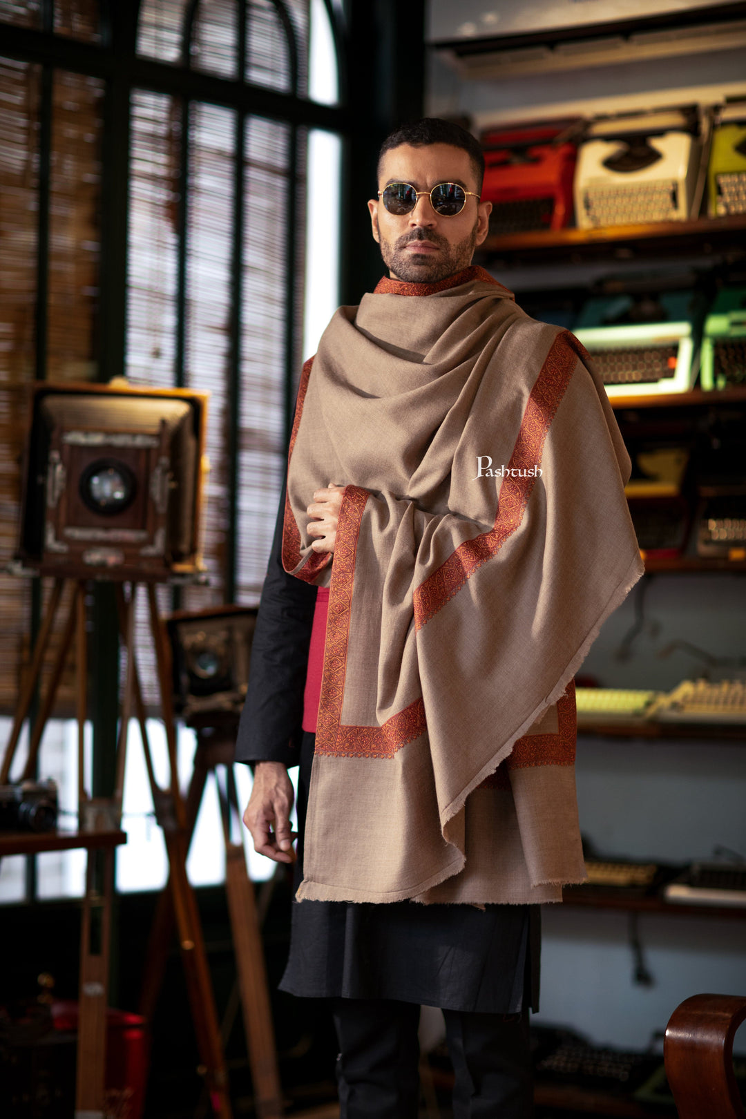 Pashtush India Mens Shawls Gents Shawl Pashtush Mens Fine Wool Shawl with Border Embroidery Shawl, Neem Daur, Taupe