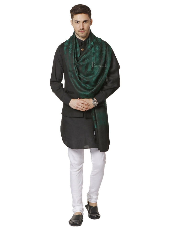 Pashtush India 70x200 Pashtush Mens Fine Wool Stole, Ikkat Design, Azure Green