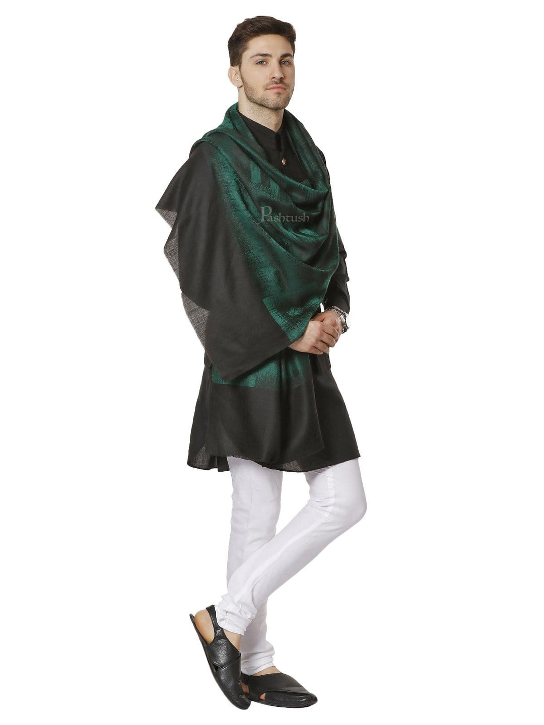 Pashtush India 70x200 Pashtush Mens Fine Wool Stole, Ikkat Design, Azure Green