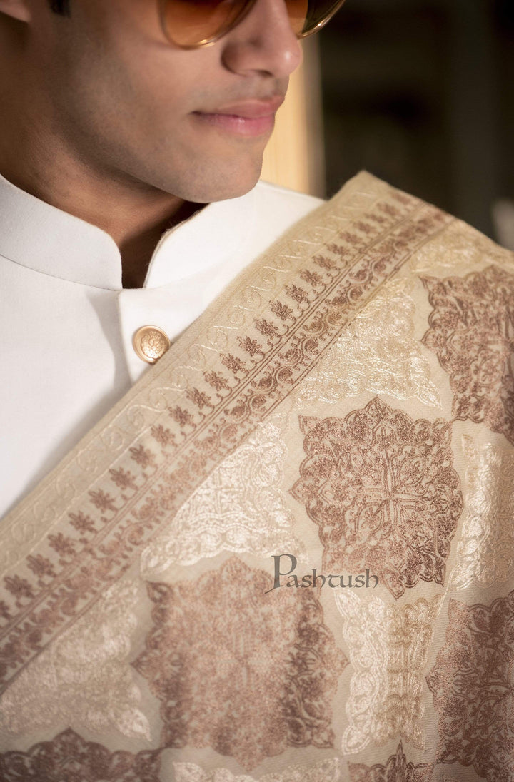 Pashtush India 70x200 Pashtush Mens Fine Woollen, Silky Nalki Embroidery Needlework Stole, White