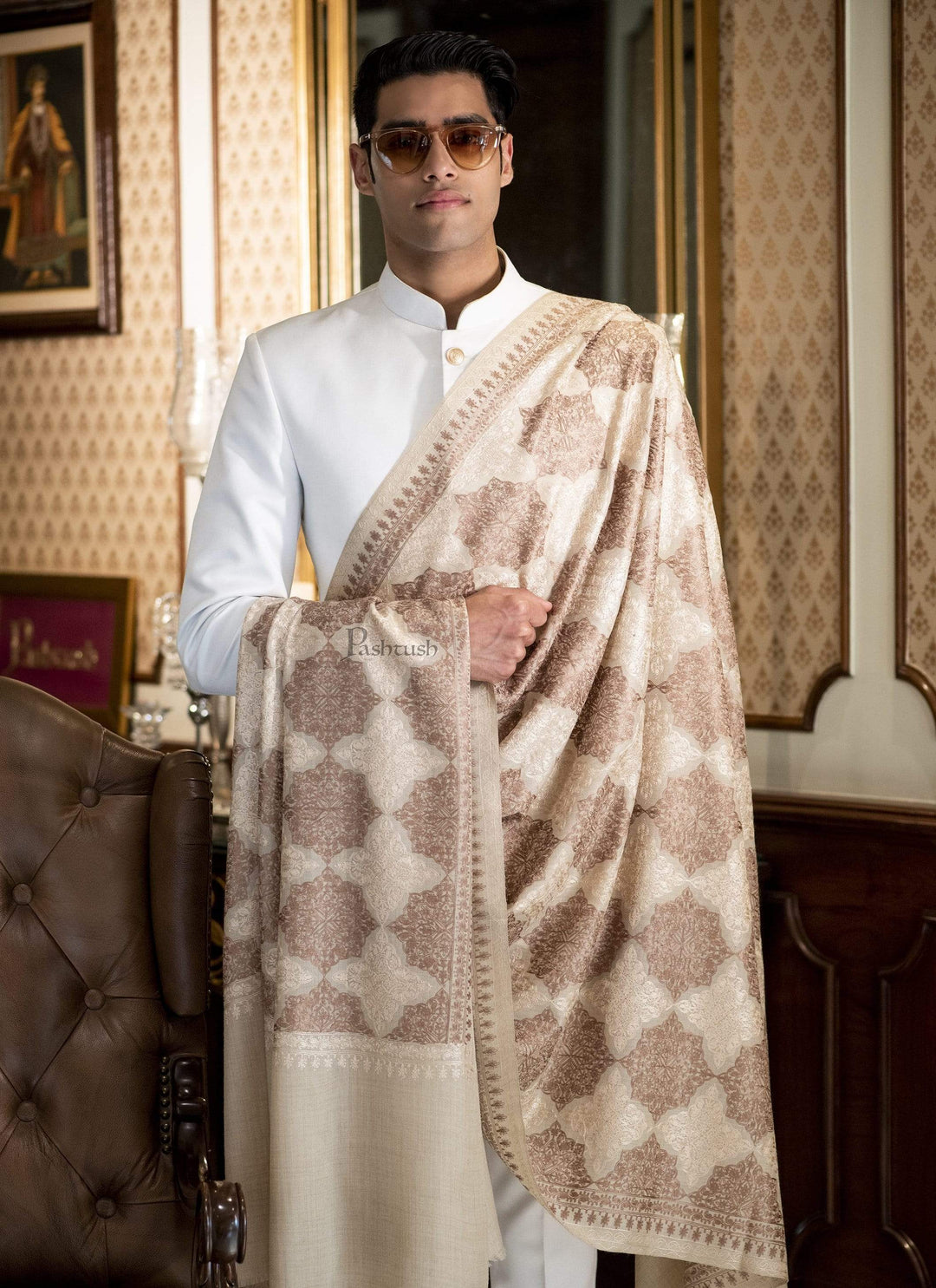 Pashtush India 70x200 Pashtush Mens Fine Woollen, Silky Nalki Embroidery Needlework Stole, White