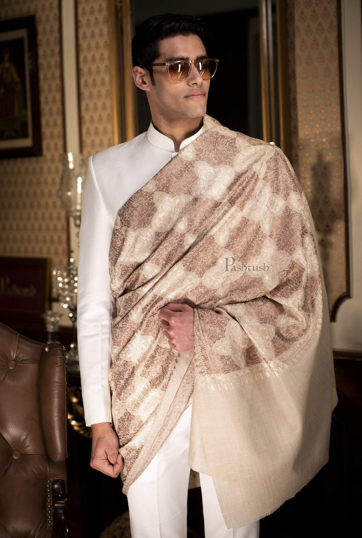 Pashtush India 70x200 Pashtush Mens Fine Woollen, Silky Nalki Embroidery Needlework Stole, White