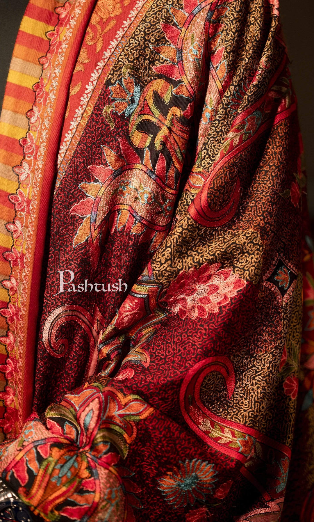 Pashtush India 70x200 Pashtush Mens Handworked, Painted Kalamkari Embroidery Stole