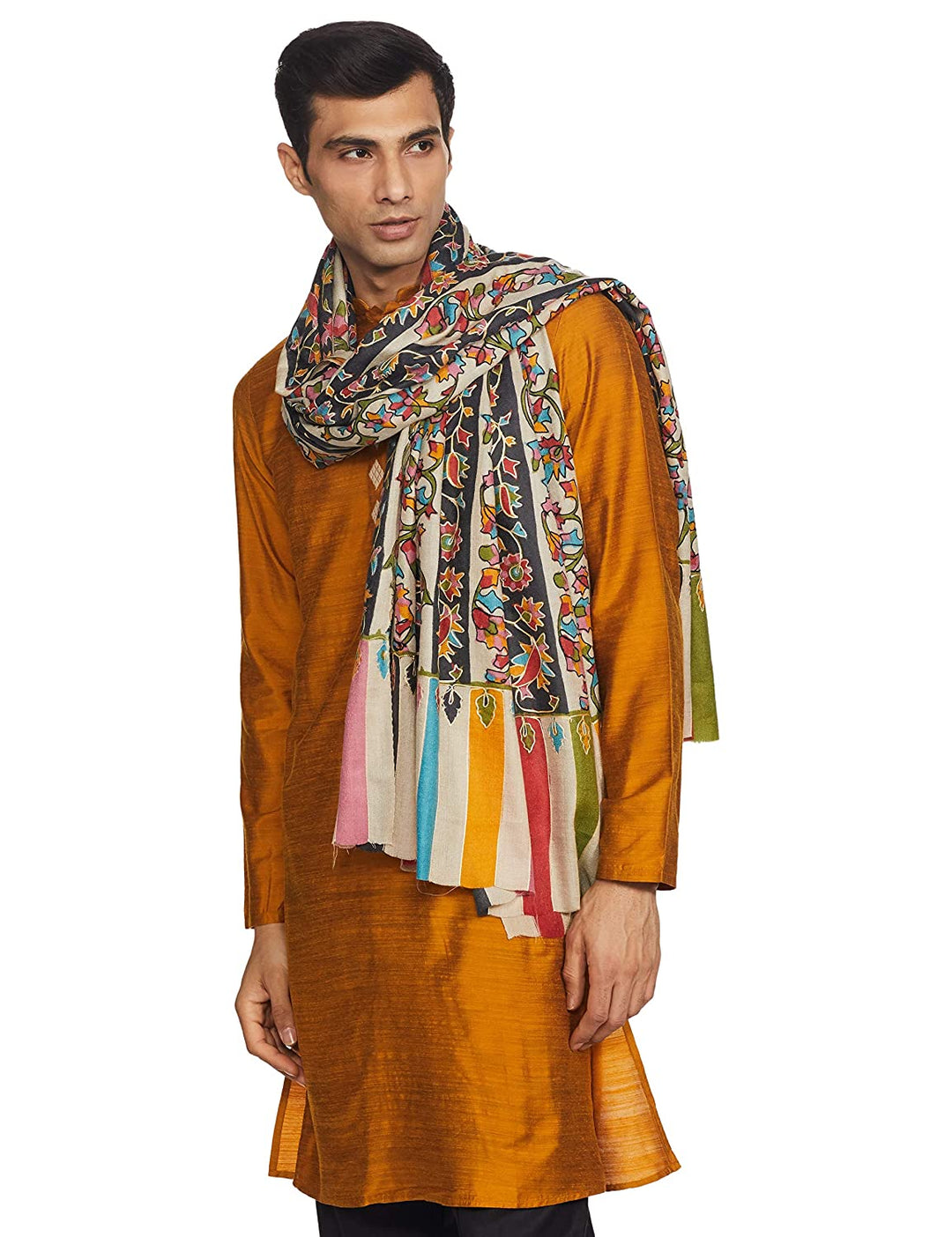 Pashtush India 114x228 Pashtush Mens Kalamkari Outline Embroidery Shawl, Kaani Painted Design, Fine Wool