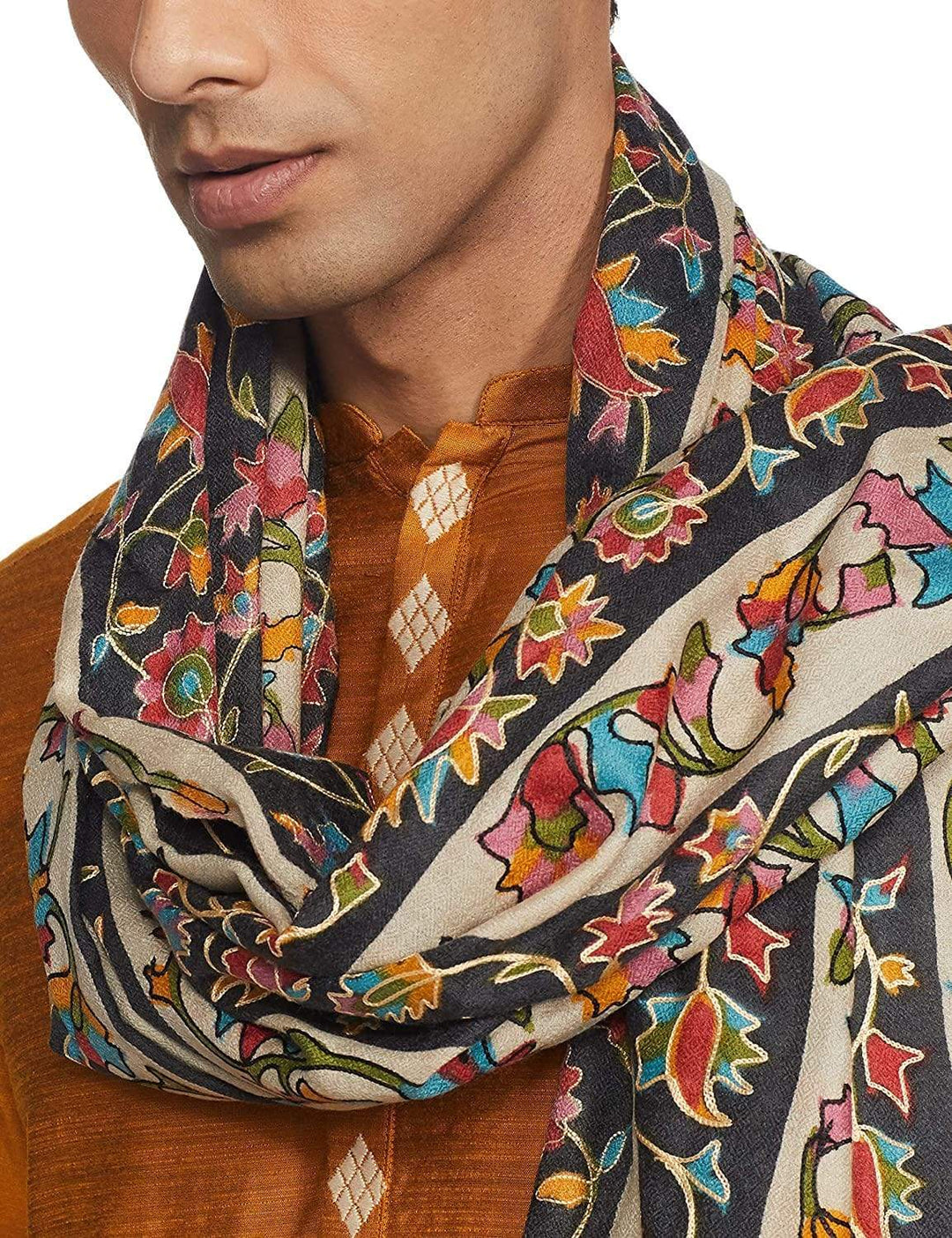 Pashtush India 114x228 Pashtush Mens Kalamkari Outline Embroidery Shawl, Kaani Painted Design, Fine Wool