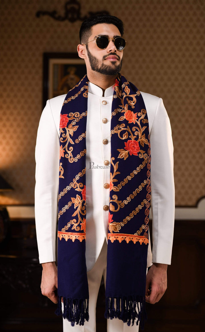 Pashtush India 70x200 Pashtush Mens Kashmiri Aari Embroidery, Woollen Stole