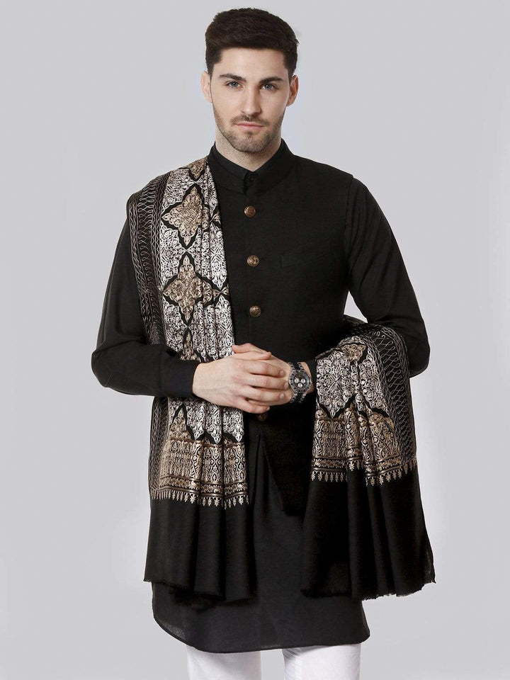 Pashtush India 114x228 Pashtush Mens Kashmiri Embroidery Shawl, Light Weight, Fine Wool, Black