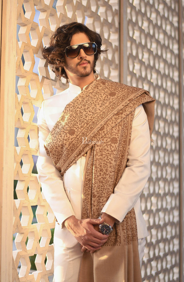 Pashtush India Mens Shawls Gents Shawl Pashtush Mens Pure Wool, Embroidery Shawl, Tone on Tone, Woolmark certified, Beige