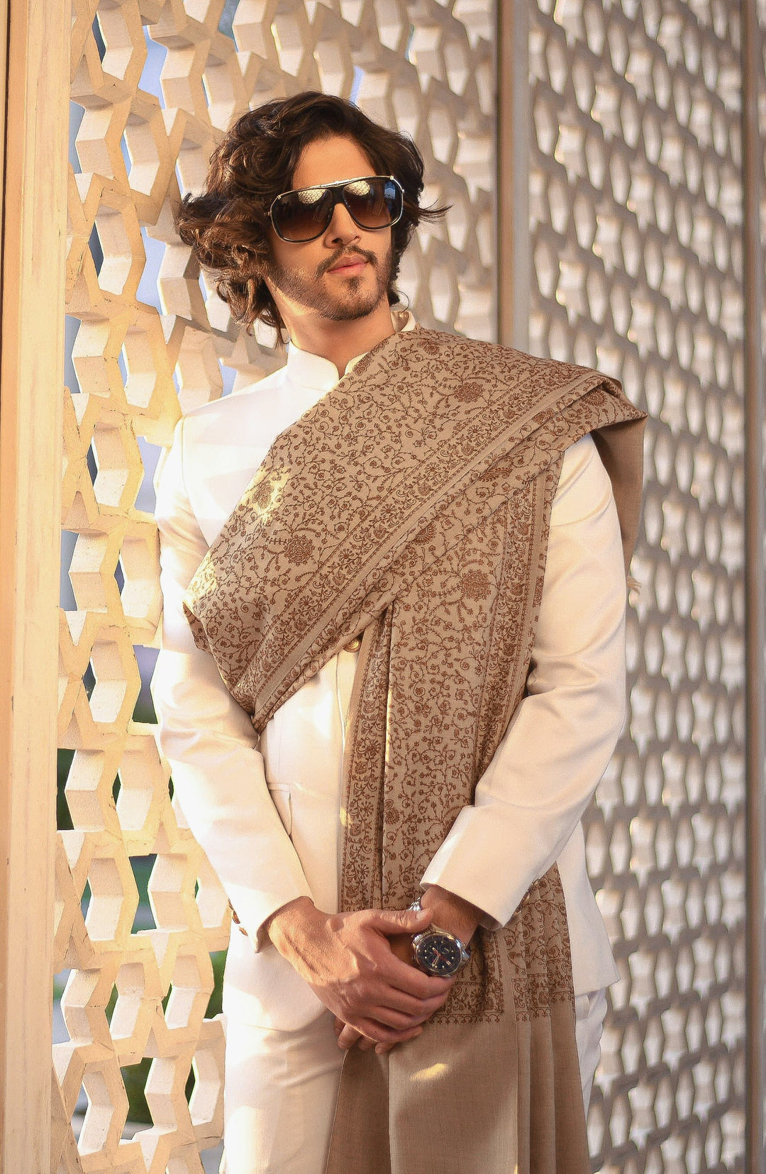 Pashtush India Mens Shawls Gents Shawl Pashtush Mens Pure Wool, Embroidery Shawl, Tone on Tone, Woolmark certified, Light Beige