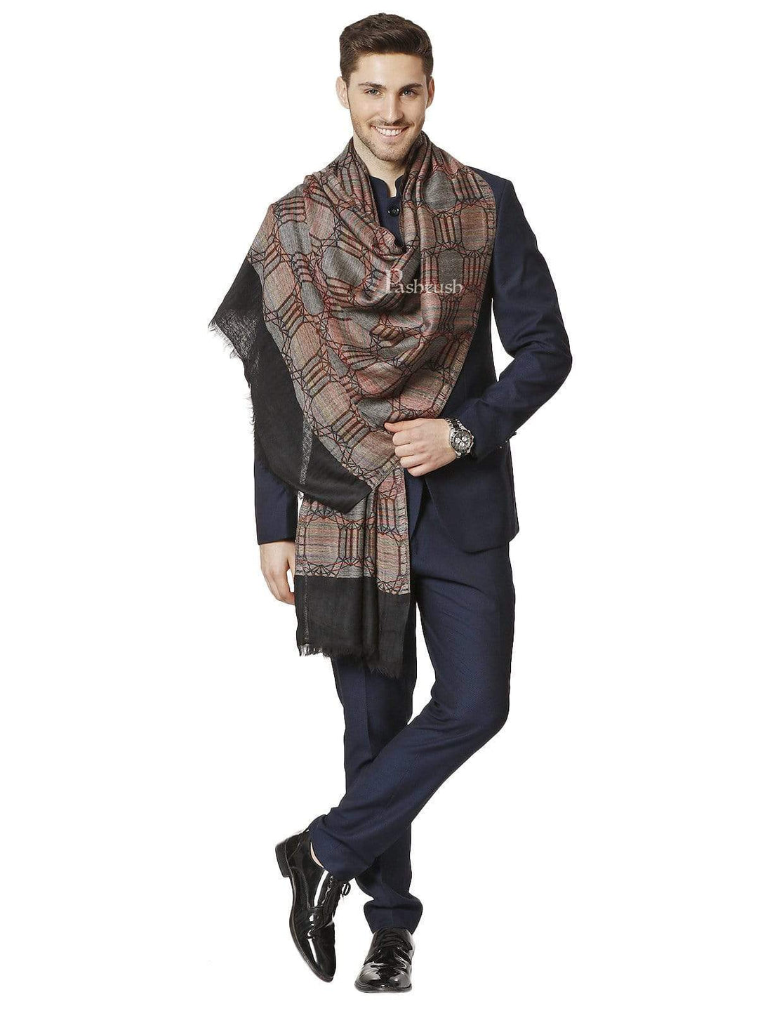 Pashtush India 70x200 Pashtush Mens Pure Wool, Honeycomb Weave Stole, With Woolmark Certificate