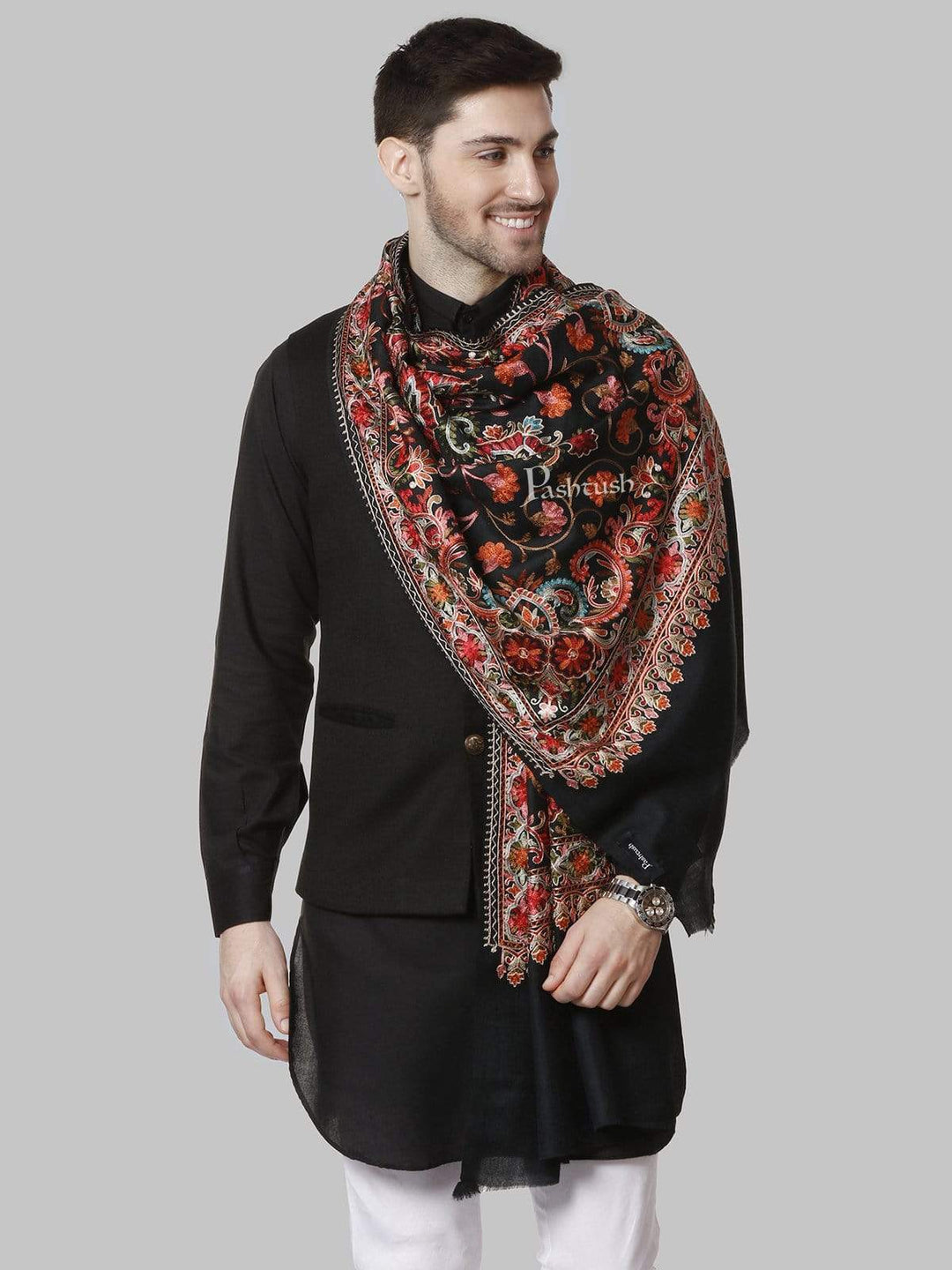 Pashtush India 70x200 Pashtush Mens Regal Collection, Fine Wool Embroidery Stole, Rich Black