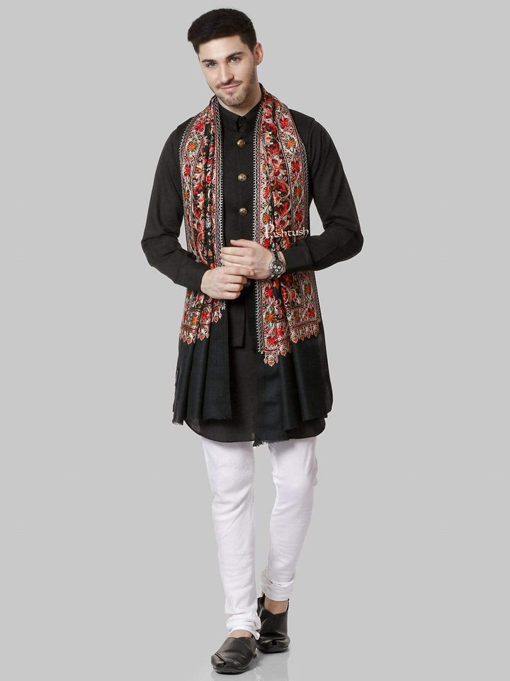 Pashtush India 70x200 Pashtush Mens Regal Collection, Fine Wool Embroidery Stole, Rich Black