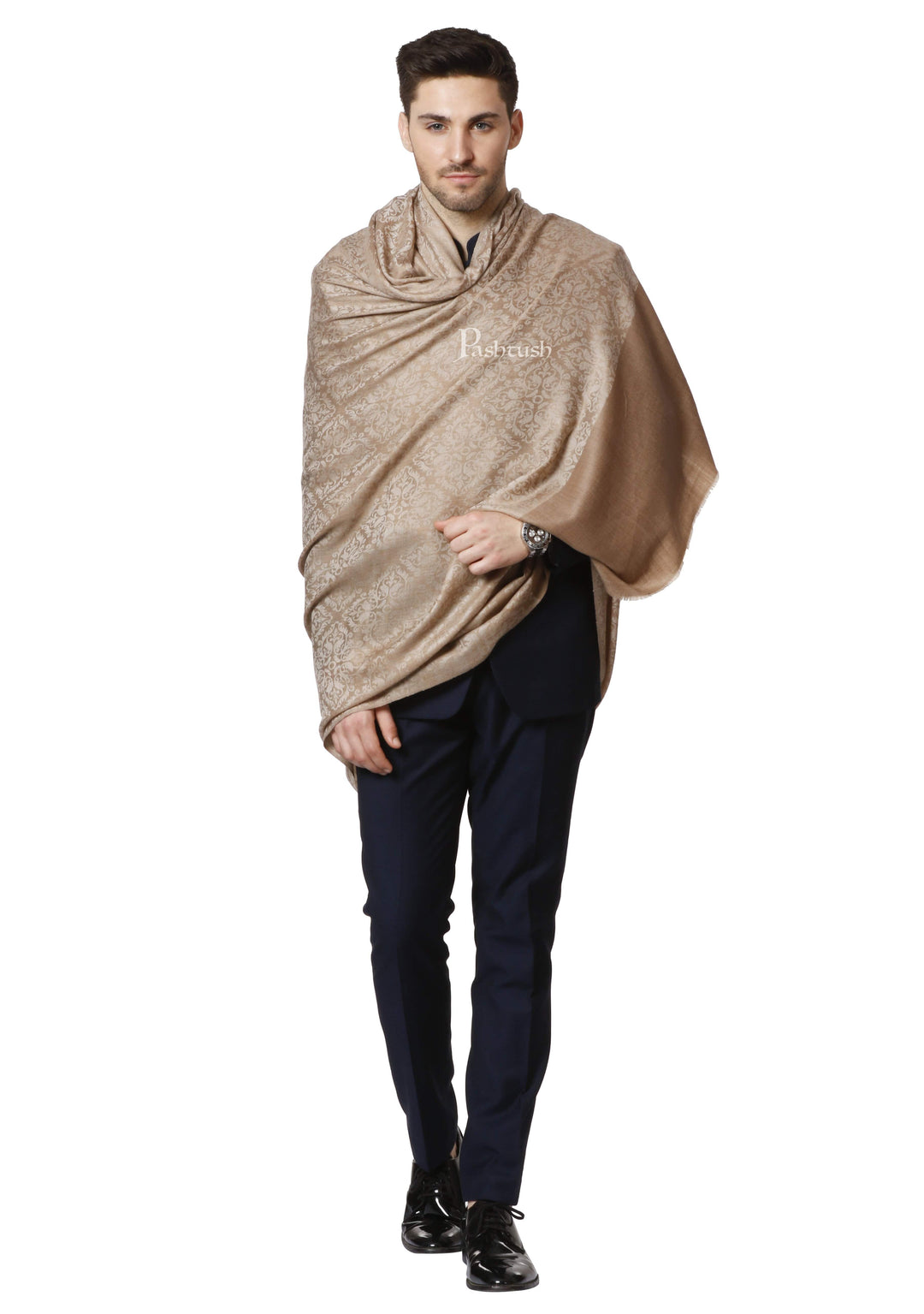 Pashtush India 114x228 Pashtush Mens Shawl, With Woven Jacquard Weave, Neutral Beige