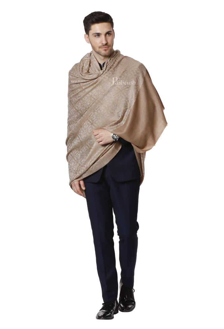 Pashtush India 114x228 Pashtush Mens Shawl, With Woven Jacquard Weave, Neutral Beige