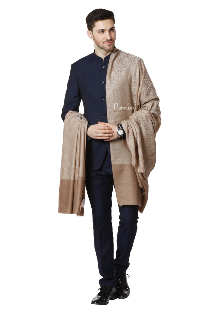 Pashtush India 114x228 Pashtush Mens Shawl, With Woven Jacquard Weave, Neutral Beige