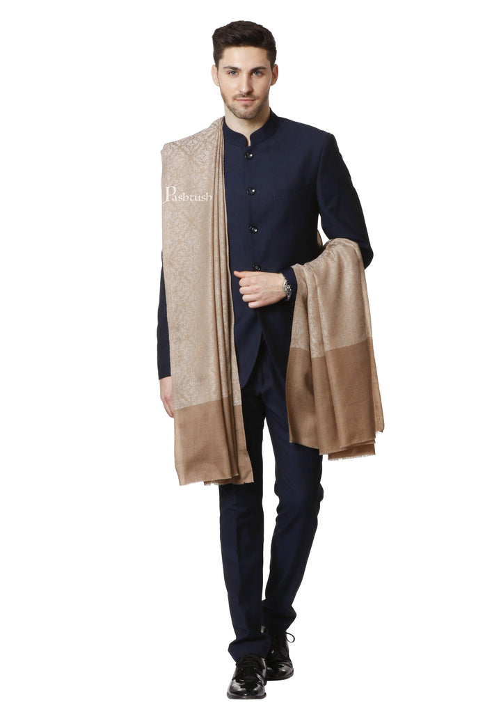 Pashtush India 114x228 Pashtush Mens Shawl, With Woven Jacquard Weave, Neutral Beige