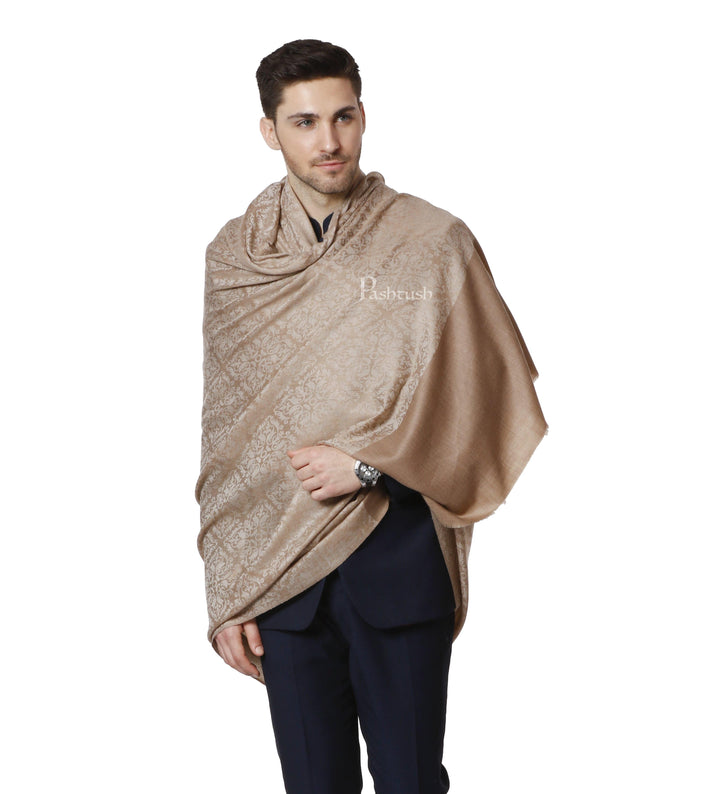 Pashtush India 114x228 Pashtush Mens Shawl, With Woven Jacquard Weave, Neutral Beige