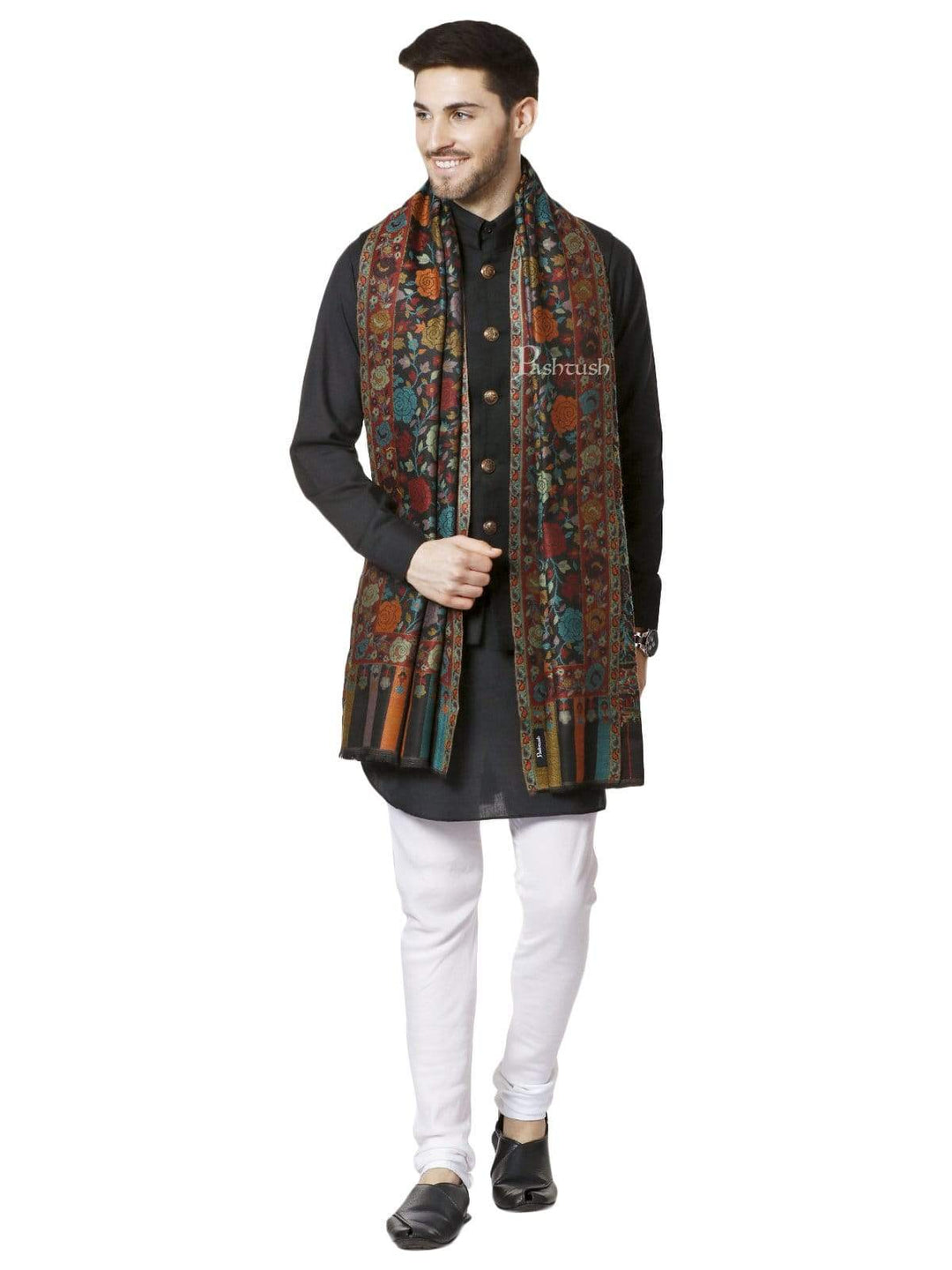 Pashtush India 70x200 Pashtush Mens Soft Wool, Kaani Weave Stole, Gulaab-dar, Black