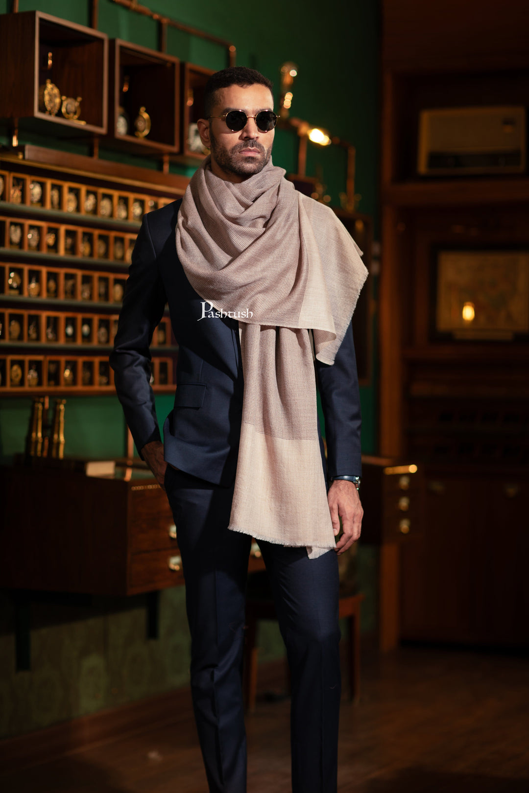 Pashtush India Mens Scarves Stoles and Mufflers Pashtush Mens Stole, Extra Fine Silk Wool , Houndstooth Weave, Sahara