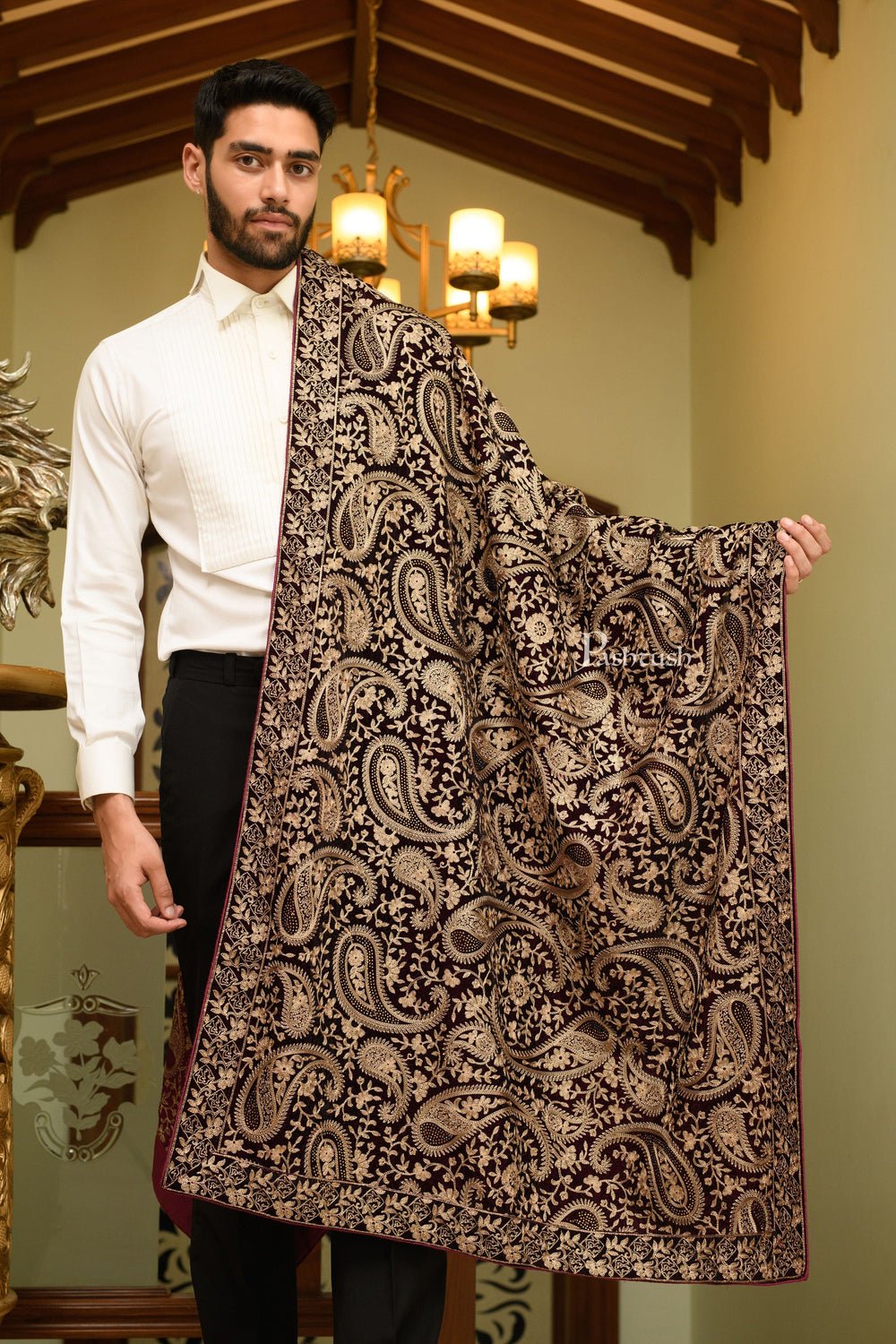 Pashtush India Mens Scarves Stoles and Mufflers Pashtush Mens Velvet Dupatta, Velvet Stole With Paisley Embroidery Design, Dark Brown