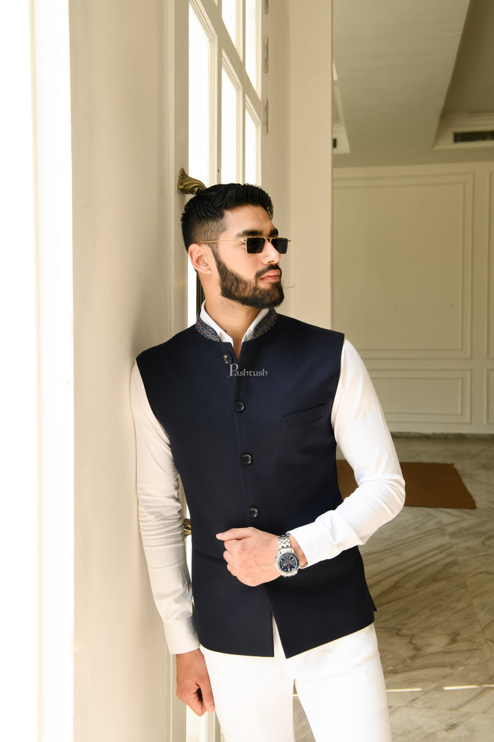 Pashtush India Coats & Jackets Pashtush Mens Waistcoat, Fine Wool, With Collar Detailing, Rich Navy Blue