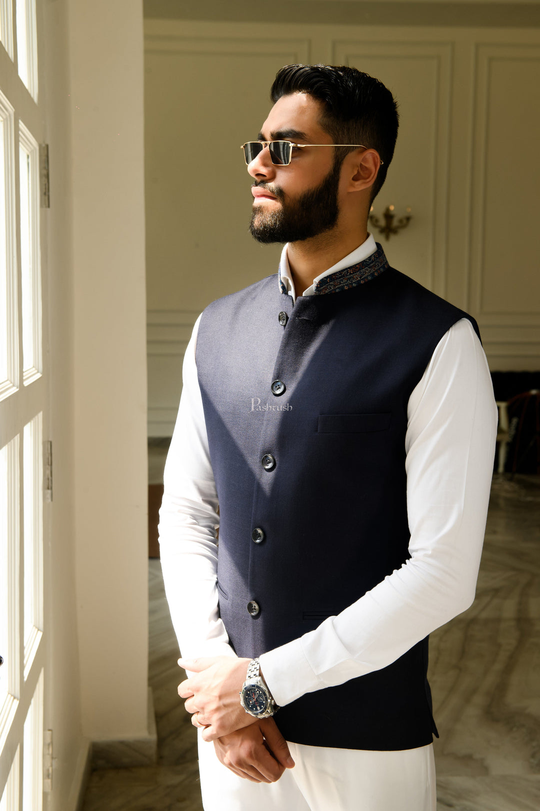 Pashtush India Coats & Jackets Pashtush Mens Waistcoat, Fine Wool, With Collar Detailing, Rich Navy Blue