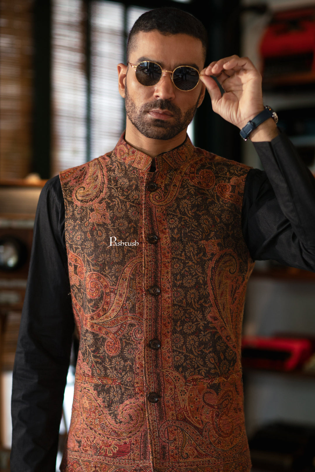 Pashtush India Coats & Jackets Pashtush Mens Woven Jacquard Structured Waistcoat, Slim Fit, Black and Beige