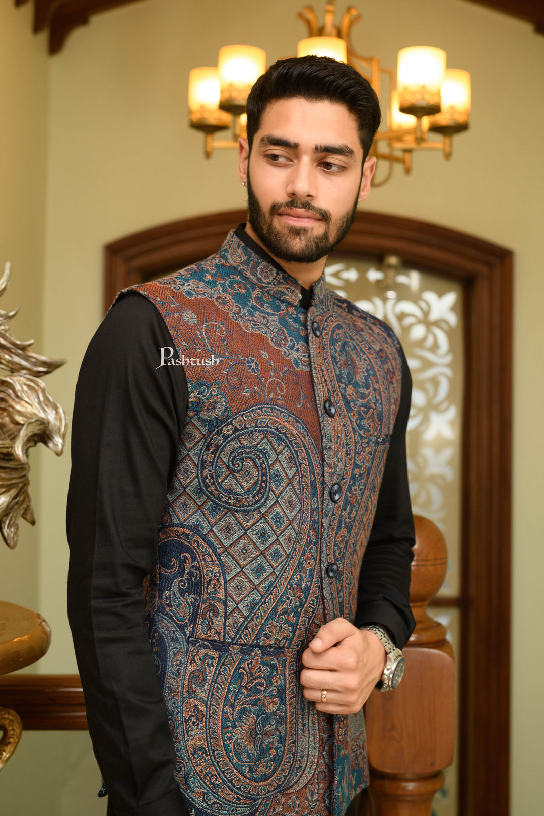 Pashtush India Coats & Jackets Pashtush Mens Woven Jacquard Structured Waistcoat, Slim Fit, Navy Blue