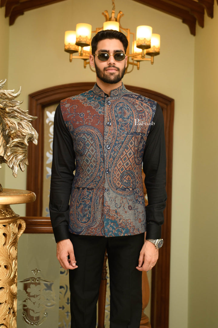 Pashtush India Coats & Jackets Pashtush Mens Woven Jacquard Structured Waistcoat, Slim Fit, Navy Blue