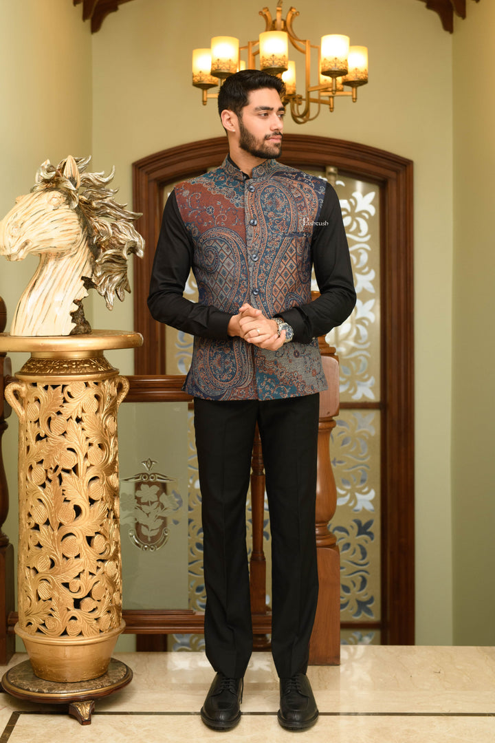 Pashtush India Coats & Jackets Pashtush Mens Woven Jacquard Structured Waistcoat, Slim Fit, Navy Blue