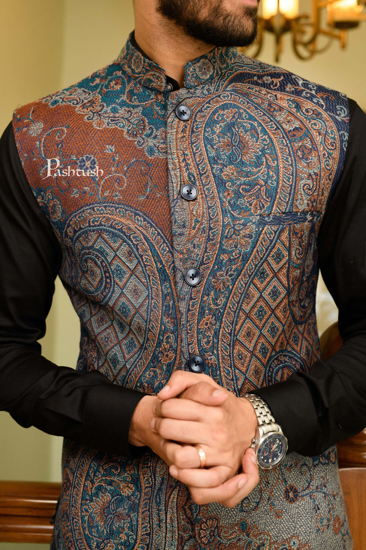 Pashtush India Coats & Jackets Pashtush Mens Woven Jacquard Structured Waistcoat, Slim Fit, Navy Blue