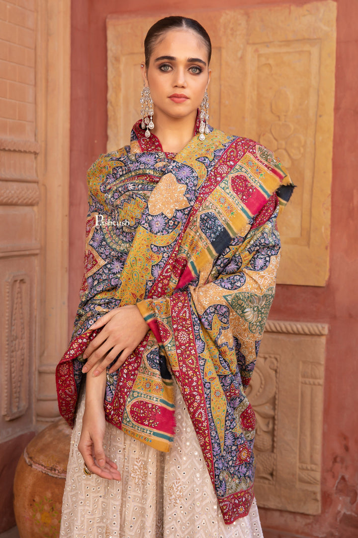 Pashtush India Womens Shawls Pashtush Pashmina Shawl, Kalamkari Hand Embroidery, Hand Painted, Multicoloured