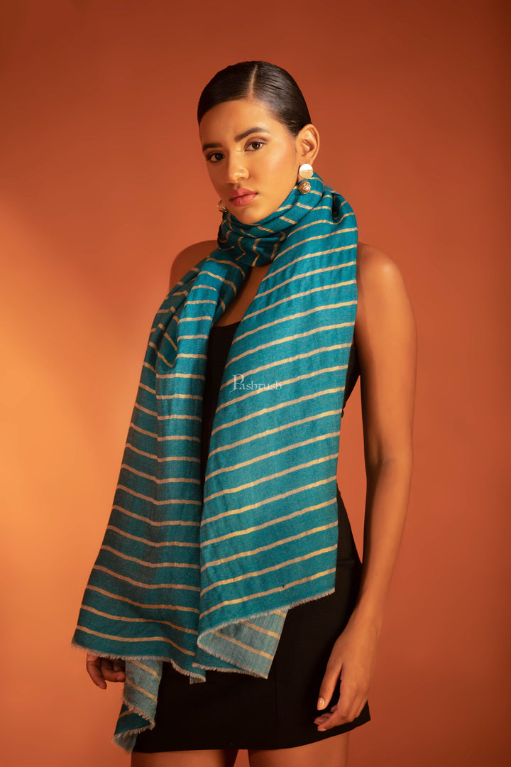 Pashtush India womens scarf and Stoles Pashtush Twilight Stole, With Woven Metallic Thread, Silk Wool, Blue and gold