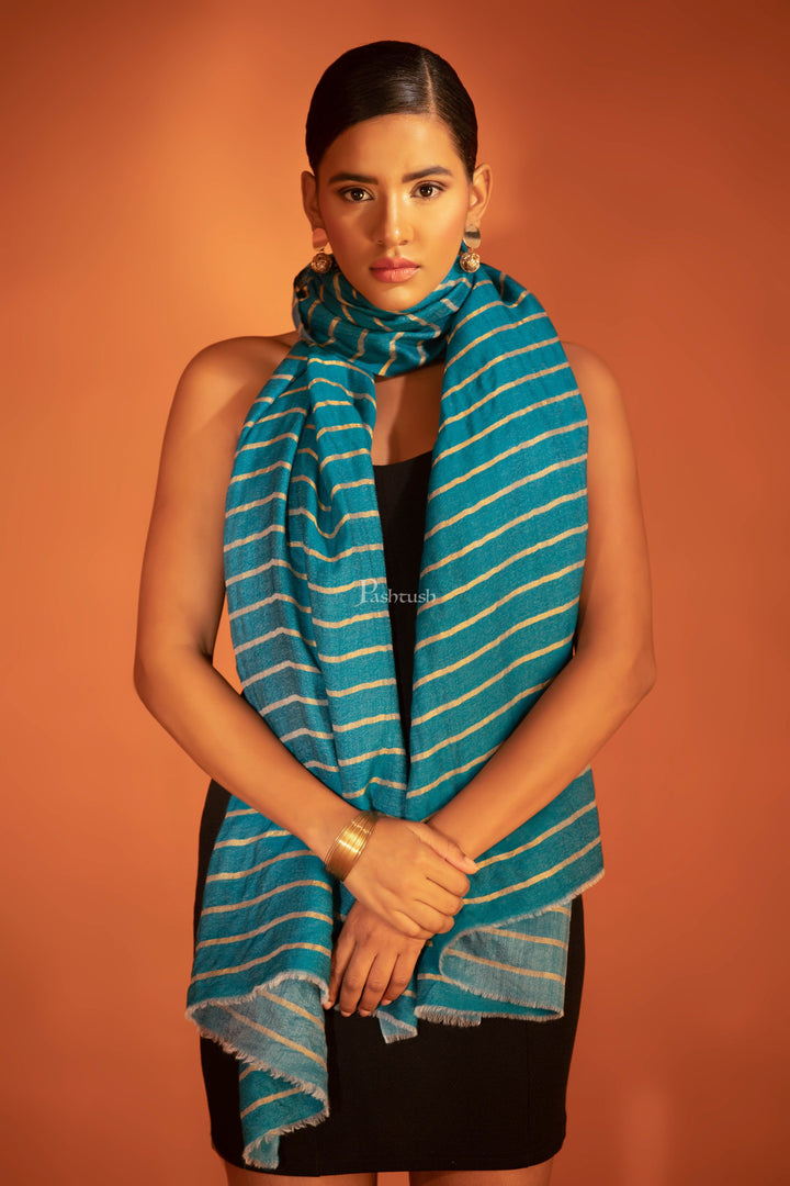 Pashtush India womens scarf and Stoles Pashtush Twilight Stole, With Woven Metallic Thread, Silk Wool, Blue and gold