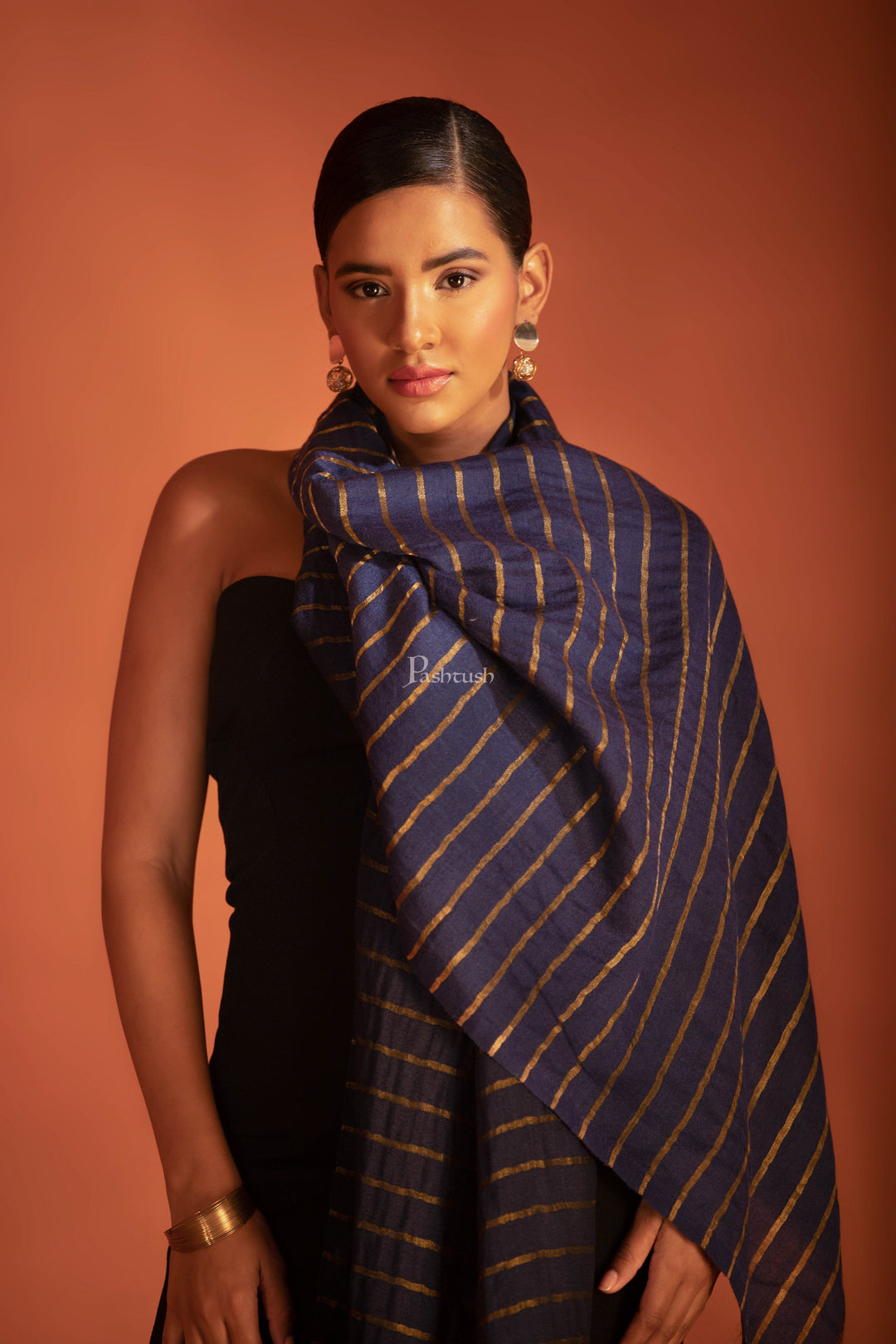 Pashtush India womens scarf and Stoles Pashtush Twilight Stole, With Woven Metallic Thread, Silk Wool, Gold and Navy Blue