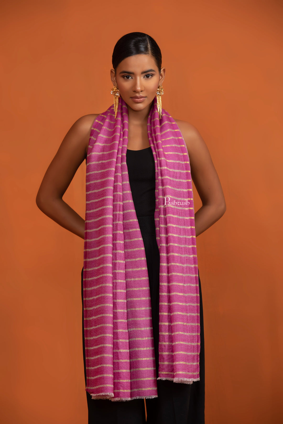 Pashtush India womens scarf and Stoles Pashtush Twilight Stole, With Woven Metallic Thread, Silk Wool, Rich Pink