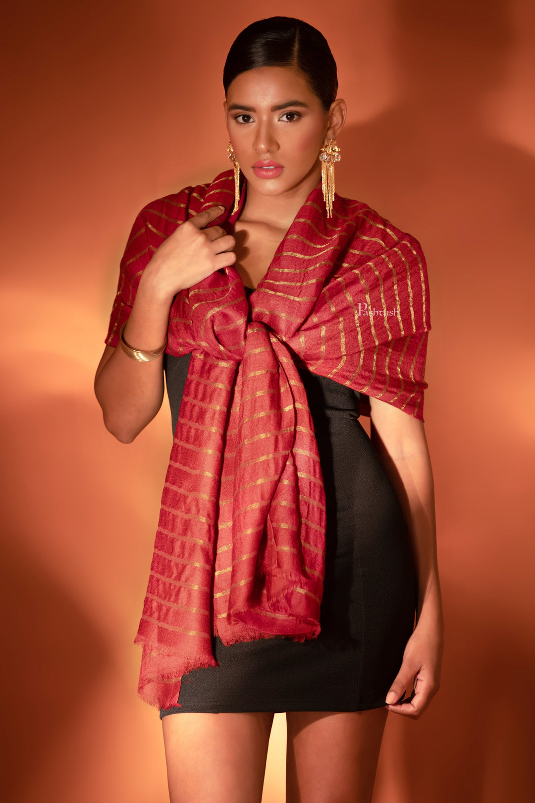 Pashtush India womens scarf and Stoles Pashtush Twilight Stole, With Woven Metallic Thread, Silk Wool, Scarlet Red