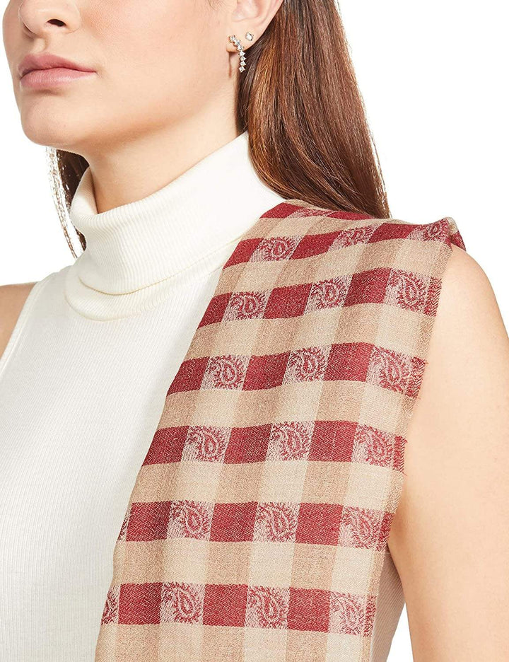 Pashtush India 70x200 Pashtush Women’s Extra Fine Soft Wool Checkered stole, Beige and Red