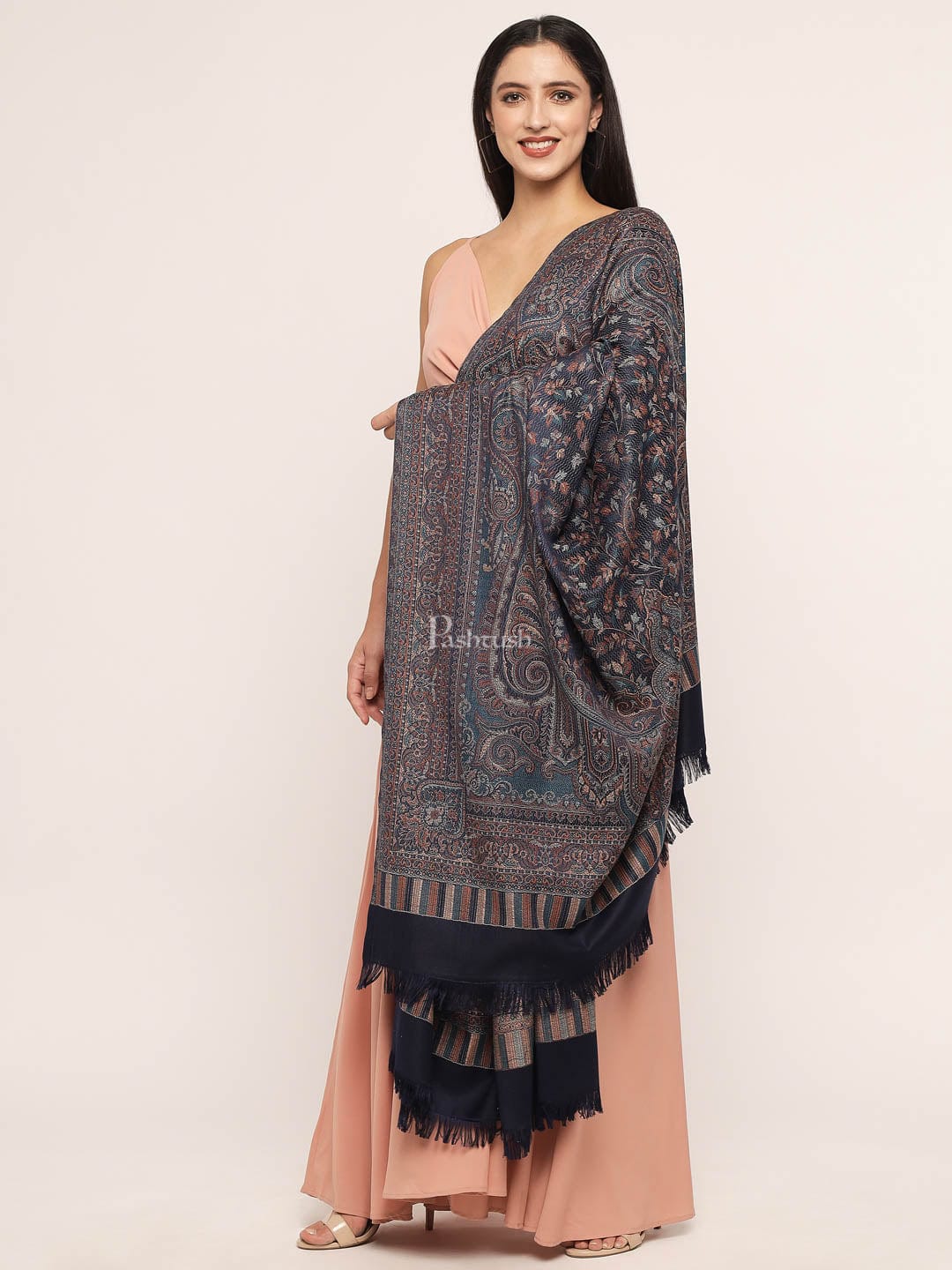 Pashtush India Womens Shawls Pashtush Women'S Jamawar Shawl, Navy Blue