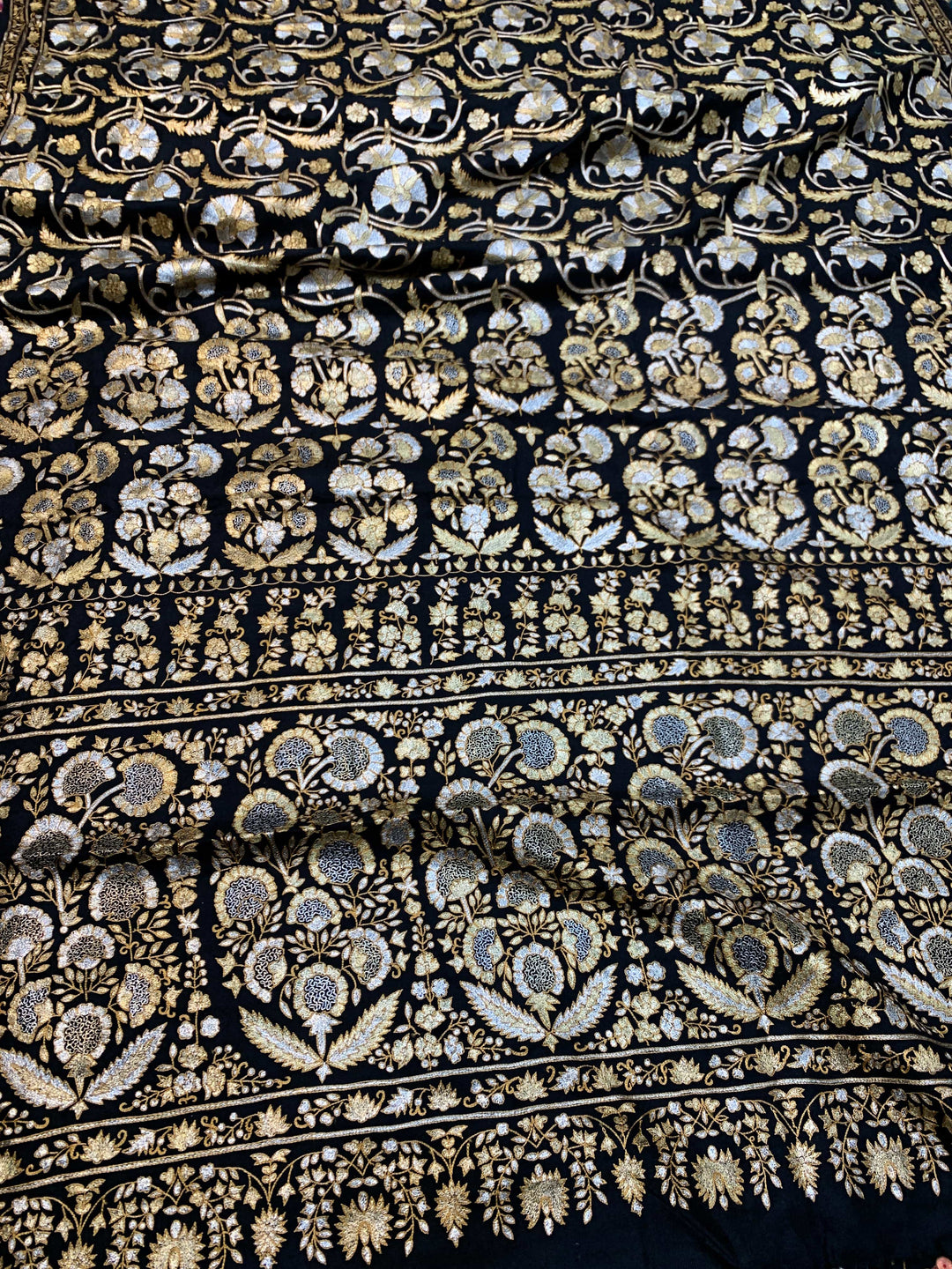 Pashtush India Womens Shawls Pashtush Women's Pure Pashmina Shawl, Kashmiri Tilla Work, Handloom, Black and Golden