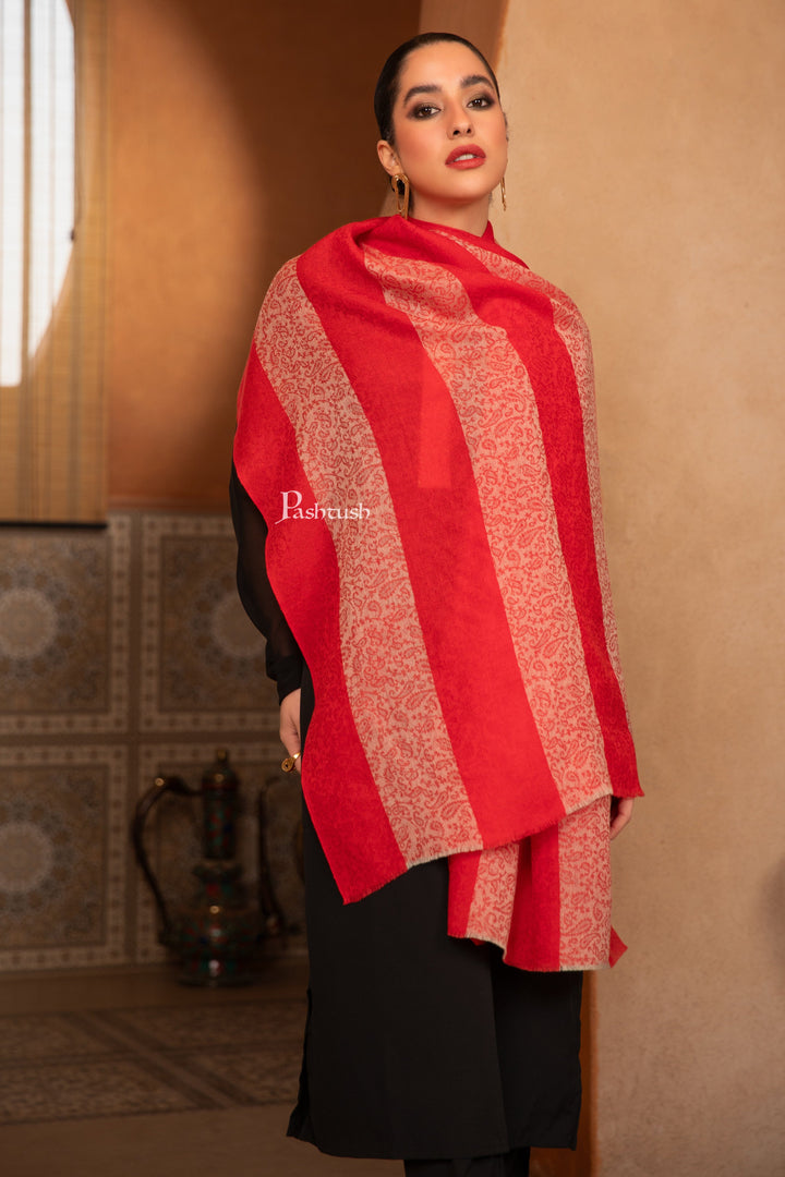 Pashtush India Womens Stoles and Scarves Scarf Pashtush Women'S Silk-Fine Wool Feel Reversible Stole, Striped Scarf, Scarlet Red