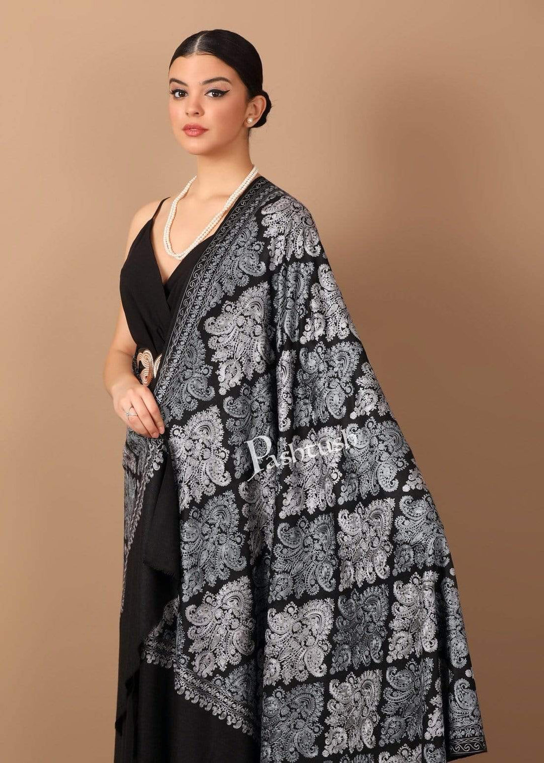 Pashtush India 100x200 Pashtush Womens 100% pure wool Nalki Embroidery Needlework Shawl, Black( woolmark )