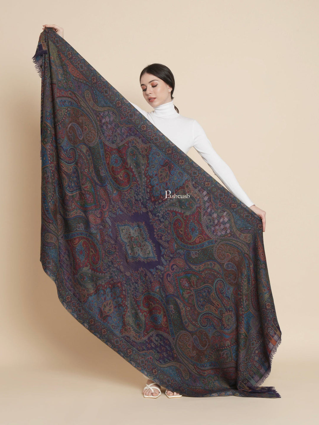 Pashtush India Womens Shawls Pashtush Womens 100% Pure Wool With Woolmark Certificate Shawl, Woven Kalamkari Weave Design, Blue