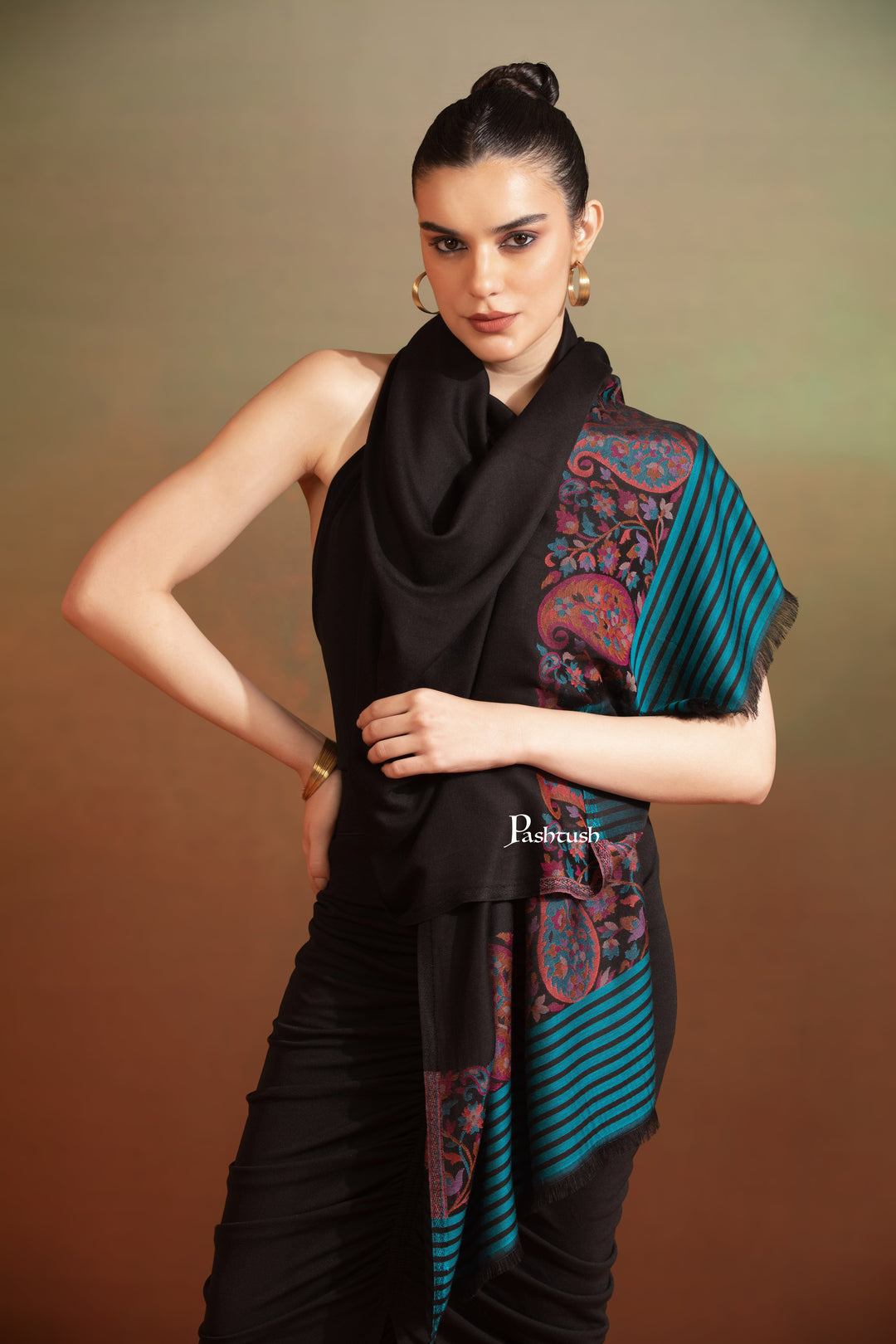 Pashtush India Womens Stoles and Scarves Scarf Pashtush Womens Bamboo Stole, Paisley Palla, Woven Design, Black And Blue