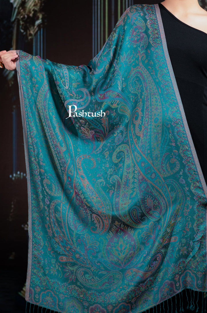 Pashtush India womens scarf and Stoles Pashtush Womens Bamboo Stole, Silky Soft, Woven Paisley Design, Arabic Sea Blue