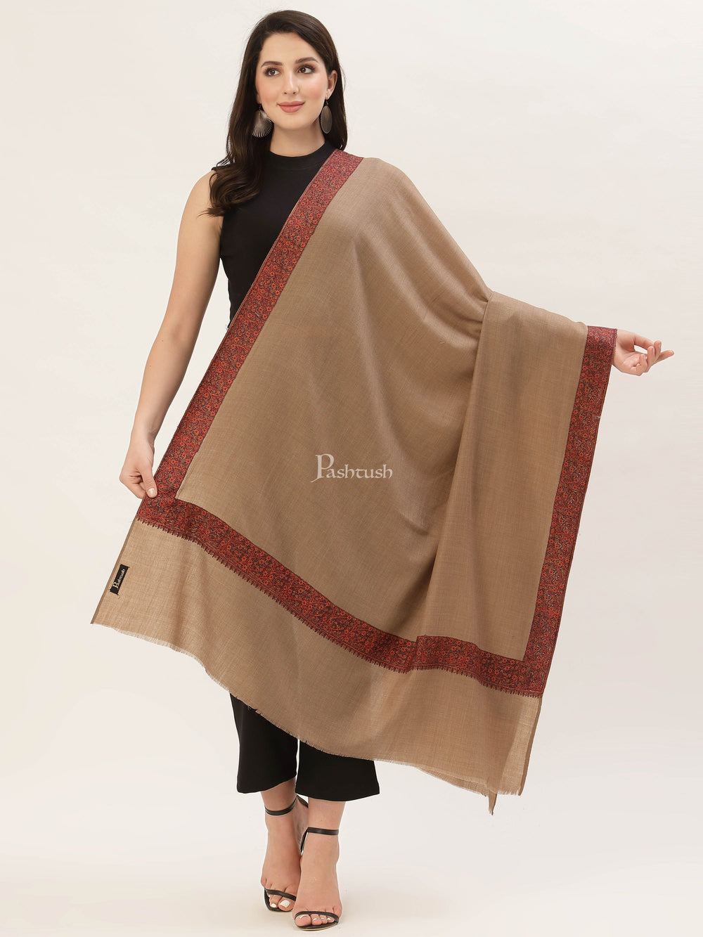 Pashtush India Womens Shawls Pashtush Womens Embroidery Shawl, Challa Daur Border, Fine Wool