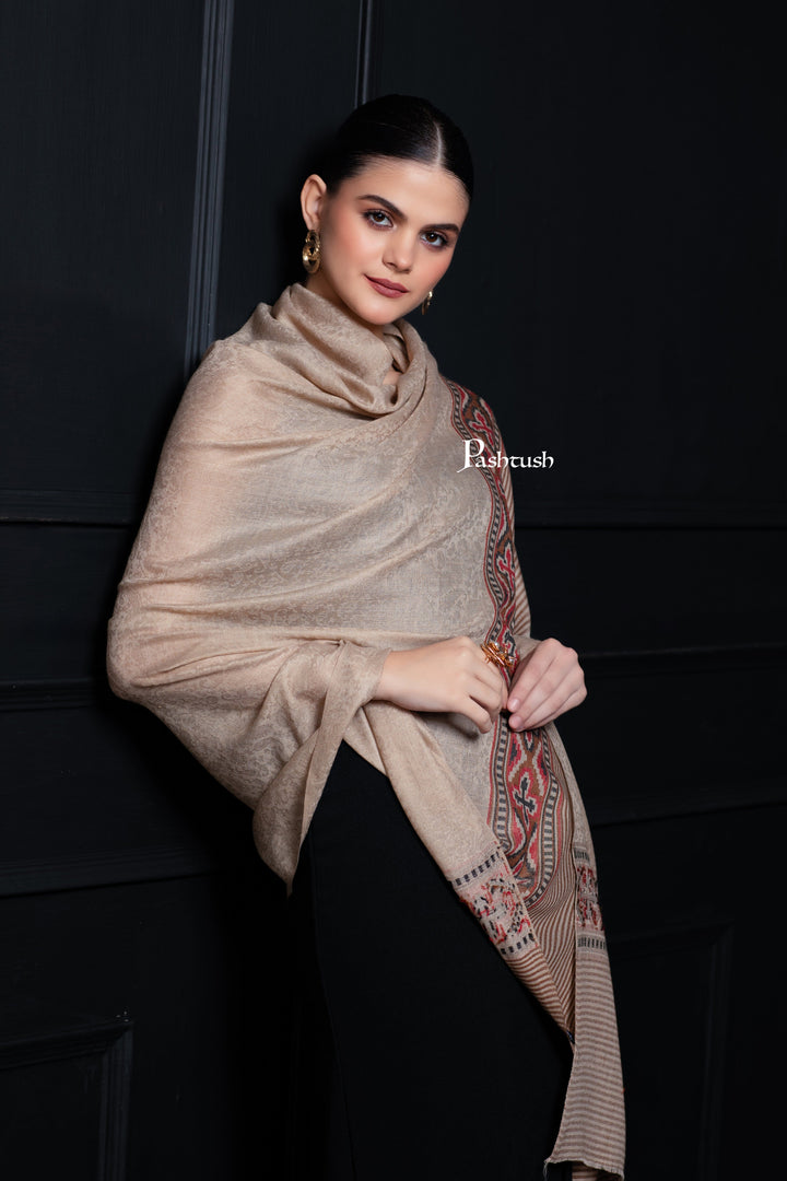 Pashtush India Womens Shawls Pashtush Womens Extra Fine Wool Shawl, Aztec Palla Design, Beige